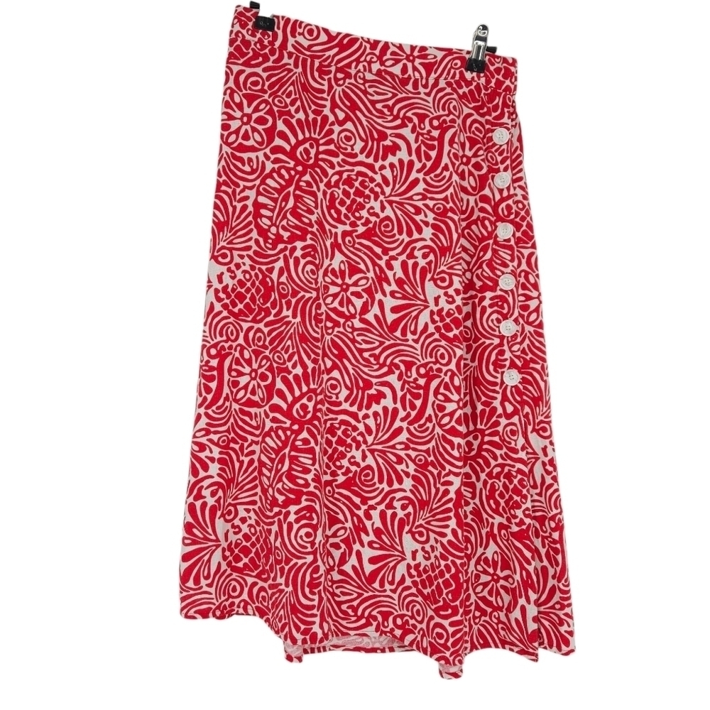 Ann Taylor LOFT Midi Skirt Linen Red Tropical Print Pull On Stretch Waist XS